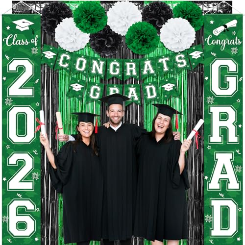Image of Graduation Party Decorations Class of 2026, Graduation Decorations with Congrats Grad Banner Fringe Foil Curtain Paper Flower Ball Balloons for High School College Graduation Party Supplies, Green