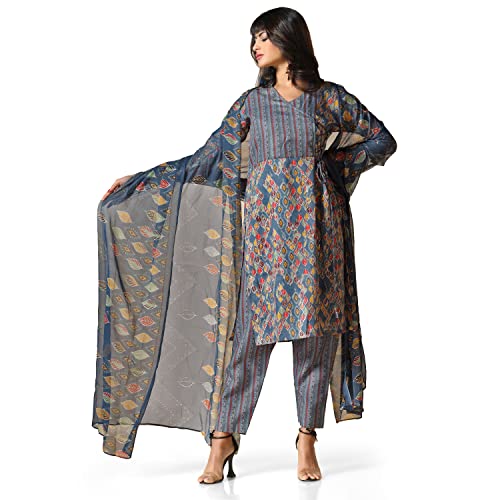Image of Leriya Fashion Women's Kurta Pant Dupatta Set || Cotton Blend Abstract Leaf Printed Kurti Pant Dupatta Pair || Flattering Front Placket Neck Design || for Outing || Regular Wear