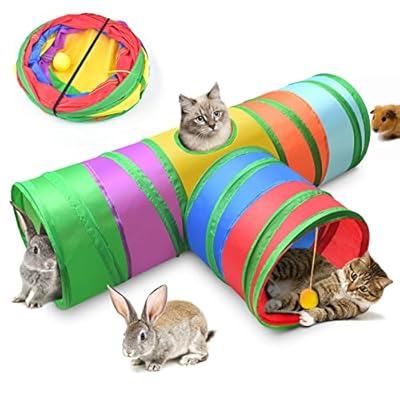 ERKOON 3-Way Cat Tunnel, Cat Toy Rabbit Tunnel, 25cm Colorful Collapsible Cat Rabbit Tunnel Tube with Funny Cat Pompon Maze House for Cat, Rabbit, Guinea Pigs, Hamster, Kitten, Puppy ect Small Animals
