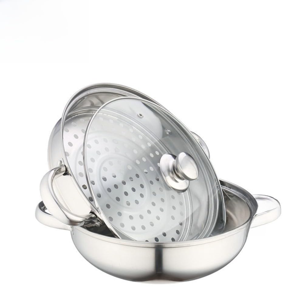 FUBESK - Pentola a vapore a doppio strato in acciaio inox con coperchio in vetro, 28 cm, per zuppe e cucina multiuso, compatibile con fornelli a gas, a induzione e alogeni