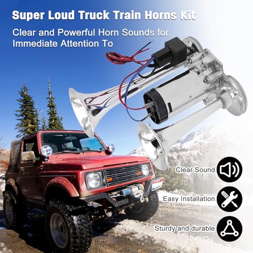 Air Horn for Truck, Car Air Horns, 150DB Super Loud Dual Electric Train Horns Kit with Compressor for Any 12V Vehicles Trucks Motorcycle Pickup Trains Cars Boats (Silver) - Thumbnail 2