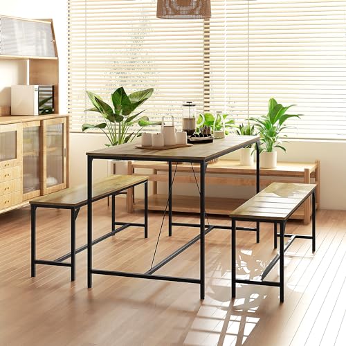 HOMCOM Essgruppe 3er-Set, Küchentisch-Set, Esstisch mit 2 Bänken für 4 Personen, Esszimmergruppe, Tischgruppe für Küche, Wohnzimmer, Natur