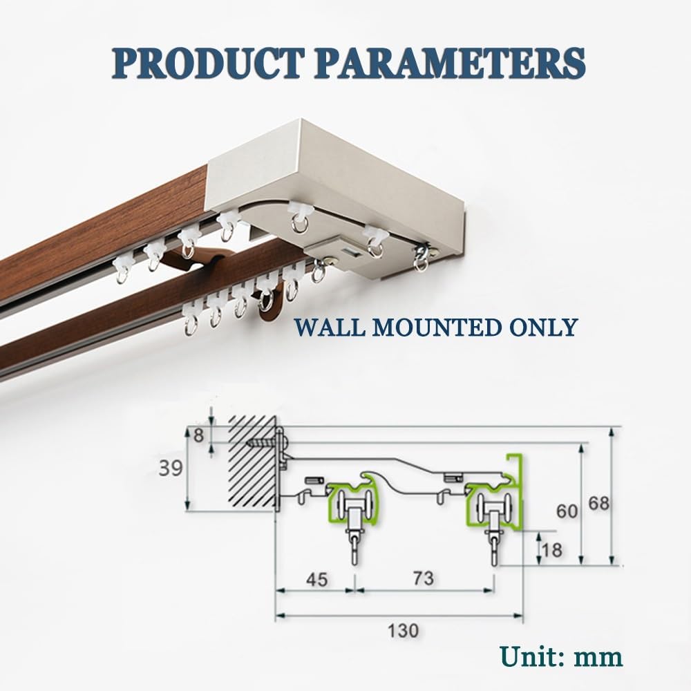 Double Curtain Track Rod with Brackets & End Caps - Wall Mounted 2.3m/7.5ft (1.15m x 2) for Living Room & Bedroom Divider - Versatile Color A