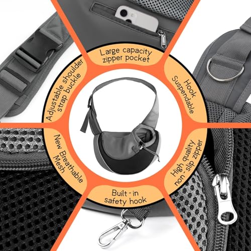 YUDODO Pet Sling Carrier for Small Dogs & Cats – Hands-Free Puppy Carrier with Safety Hook, Large Zipper Pocket, Soft Breathable Mesh, Adjustable Strap & Reflective Strip (Black 1.0 S) - Image 5