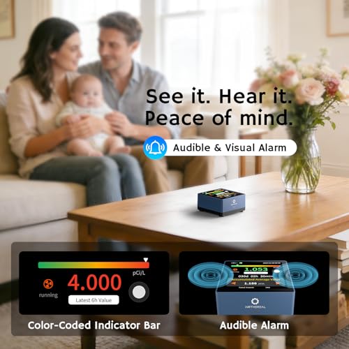 Airthereal Radon Detector for Home, 3.4 Touchscreen, 10-Minute Updates, Audible & Visual Alarms, Portable Rechargeable Design, Long-Term Monitoring, Blue