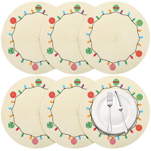 Remerry Set of 6 Christmas Embroidered Round Placemats Ball Table Mats