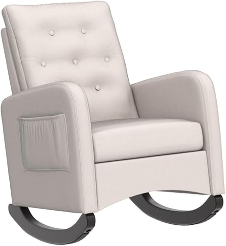Miniatura 4 de Mecedora moderna con acento tapizado con botones para guardería, cómodo sillón con bolsillo lateral, silla de descanso con respaldo alto para sala