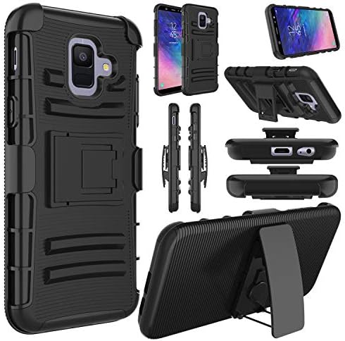 Elegant Choise Compatible with Galaxy A6 Case, Samsung A6 Case, Hybrid Heavy Duty Shockproof Rugged Holster Full Body Protective Case Cover with Kickstand and Swivel Belt Clip-Black