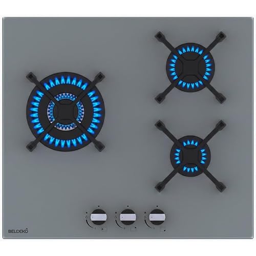 BELDEKO Plaque de Cuisson Gaz 3 Feux 6200 W - Verre Gris - Brûleur Double Couronne - Grilles en Fonte - Marque Française