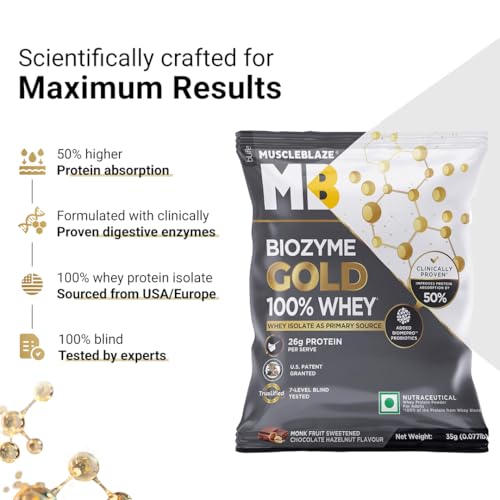 Image of MuscleBlaze Biozyme Gold 100% Whey Protein Powder (Monk Fruit Sweetened Chocolate Hazelnut (5x35g) | Whey Isolate as Primary Protein Source