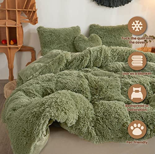 Mego Luxury Shaggy Faux Fur Duvet Cover Set, Ultra Soft 3 Pieces Fluffy Comforter Cover Set, Fuzzy Bedding Set(1 Plush Furry Duvet Cover + 2 Pillowcases), Zipper Closure(Queen, Sage Green) #TOP1