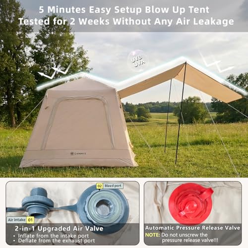 Image of Inflatable Tents for Camping - Blow Up Tent with Awning and Pump, Easy Setup 4 Season Waterproof 420D Oxford Glamping Air Tents for Camping Adult 2 /3 /4 Person