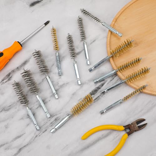 Image of 12pcs Copper&Stainless Steel Wire Bore Brushes, Wire Brush for Drill with 1 /4 Inch Hex Shank Pipe Cleaning Brush Pipe Cleaner Twisted Wire Brush for Power Drill Impact Drivers Die Grinders