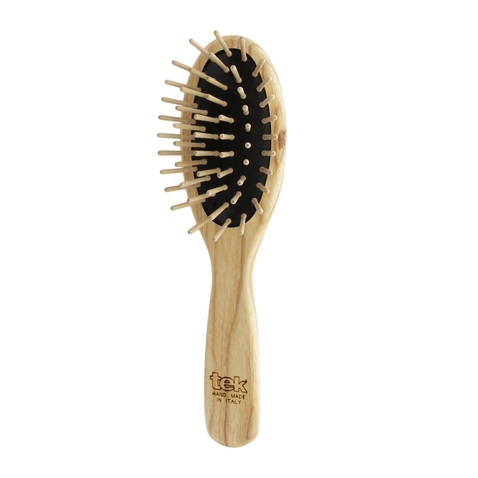 Small Oval Wooden Hair Brush with Short Rounded Pins in Natural Ash Wood, Handmade in Italy – Ideal for Styling and Detangling Fine or Delicate Hair – Compact and Travel-Friendly