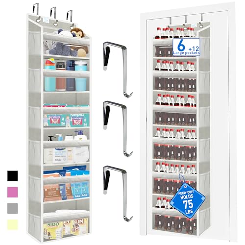 Image of over the door organizer, Solid Bamboo Board (Not Plastic!) 6-Tier Heavy Duty 75LB, 12 Side Pockets, 3 Reinforced Hooks & Anti-Slip Pads, Waterproof & Washable, No Sagging, No Door Damage,Grey