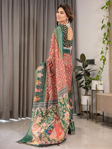 Image of ALMAARI FASHION Handloom Cotton Saree, Multicolour Floral Print with Silver Zari Border, 5.5 Metres with Blouse Piece