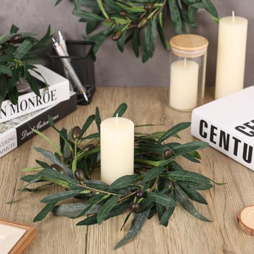 Image of 6 Pcs Artificial Spring Olive Candle Rings Wreaths Greenery Wreath with Olive Leaves Spring Summer Kitchen Cabinet Wreath for Pillars Farmhouse Festival Wedding Celebrations Tabletop Decoration