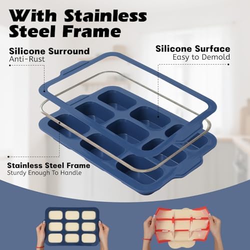 Silicone Mini Loaf Pans Baking: 9 Cavity Nonstick Mini Bread Loaf Pans with Metal Frame - Small Banana Bread Tins Tray for Baking Pumpkin Cornbread Meatloaf - for Oven Home Bakers Housewife (2 Pcs) - Thumbnail 2