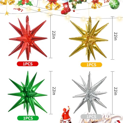 Image of TONIFUL 4 Pcs Star Balloons Red Green Gold Silver Explosion Foil Balloon | 22 Inch Large Mylar Star Balloon for Christmas Party Decorations New Year Birthday Wedding Baby Shower Photo Booth Supplies
