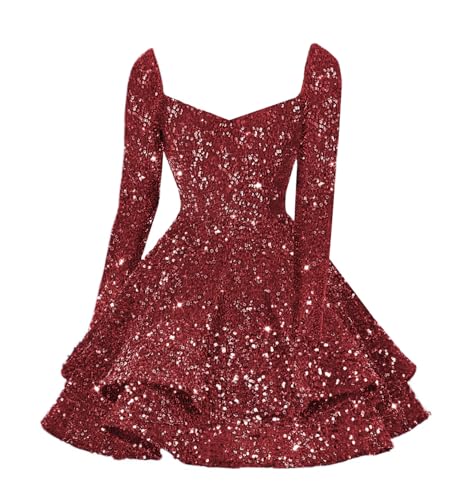 Loyeloy Glitter Sequins Homecoming Dresses Long Sleeves Prom Dress for Teens V Neck Cocktail Dresses
