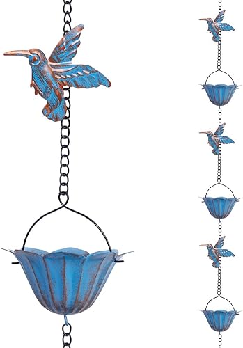 Cadena de lluvia de 13.4 pies, cadenas de lluvia de colibrí para exterior, campana de cadena de lluvia de cobre con 12 tazas, cadena decorativa de