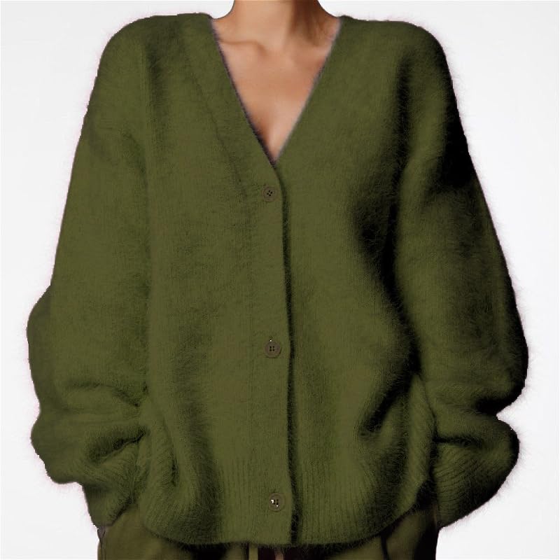 Image of Womens Fuzzy Sweaters Cardigan V-Neck Button Down Oversized Mohair Sweater Casual Y2k 2026 Fall Winter