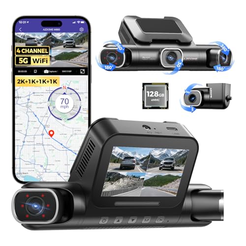 AZDOME 360° 4 Channel Dash Cam Front and Rear Inside, Built-in 128GB eMMC, 2K+1080P*3 Dashcam, Left Right, Voice Control, 5G WiFi Dash Camera for Cars with 4 Adjustable Lenses, IR Night Vision, M660