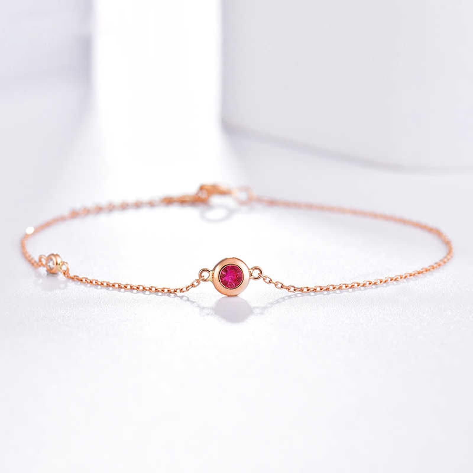 Pulseras Oro Rosa Mujer 9Kilates / 14Kilates / 18Kilates, Redondo con Rubí y Diamante, Cadena Extensible 16 CM + 5 CM, Pulseras Mujer de Oro Rosa