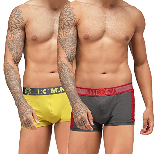 Zoiro Men's Soft Cotton Marvel Printed Trend Trunk (S Sulphur/Castlerock & Chinese Red/Black Pack of 2)