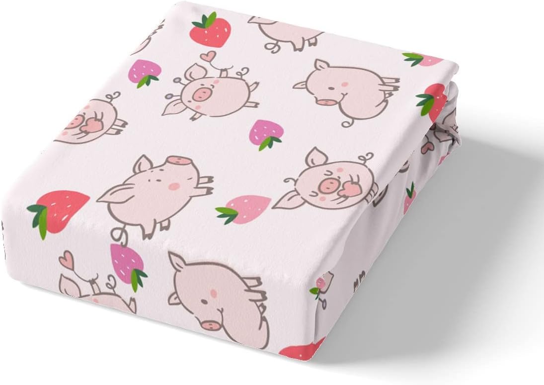Feelyou Pig Print Comforter Set Cartoon Pigs Bedding Set Lovely Animal Print Comforter Strawberry Pink Quilted Duvet Set for Kids Boys Girls Adults Twin Size Bedding Collection 2Pcs