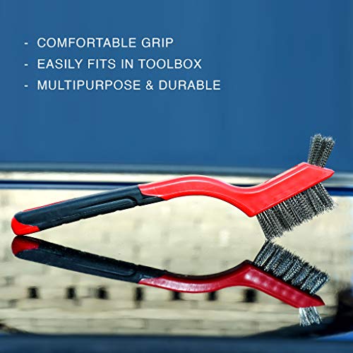 Lavaxon Wire Brush Set 3Pcs - Nylon/Brass/Stainless Steel Bristles With Curved Handle Grip For Rust, Dirt & Paint Scrubbing With Deep Cleaning – 7 Inches (Red) #TOP4