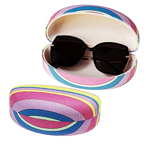 Large Sunglasses case, Over Sized Clam Shell Fashion Strip Eyeglass Case Protective for Women Men with Cleaning Cloth