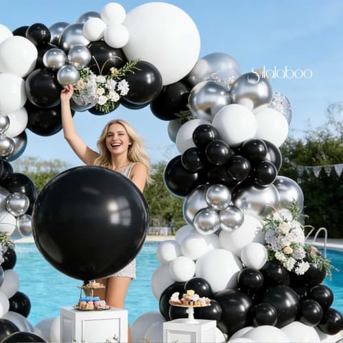 Image of Black and Silver Balloons Arch Kit 155Pcs 18 10 5 Inch | Black White Different Sizes Latex Metallic Silver Balloon Garland for Birthday Anniversary Graduation Party Decorations