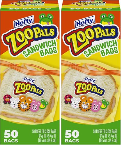 Image of Hefty Zoo Pals Press to Close Sandwich Bags, 50 Count, Easy Cleanup, For Lunches, Car Trips, and More (Pack of 2)
