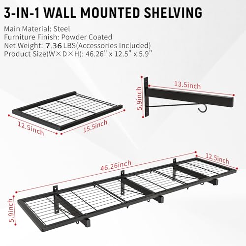Image of Garage Wall Shelves, 46 inchX12.5 inch Garage Shelving Wall Mounted, Heavy Duty Shelf Storage Rack with 4 Hooks, Black Organizer Floating Metal Shelf 160 LBS Capacity for Office, Basement, Laundry Room