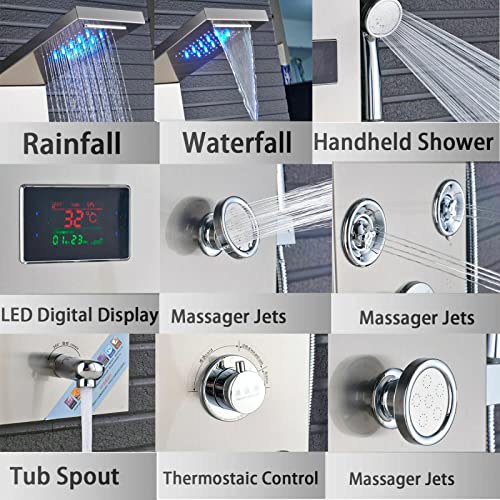 Columna de ducha de acero inoxidable con sistema de masaje LED, lluvia y cascada miniatura 6