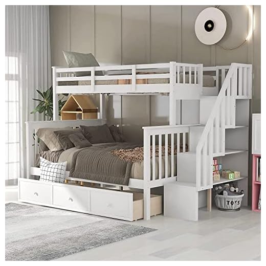 Harper & Bright Designs bunk Bed Twin Over Full Size with Drawers,Storage Shelf and Stairway Wood Bunk Beds for Kids and Teenagers,Kids Bed with Full-Length Guard Rail,No Box Spring Needed, White