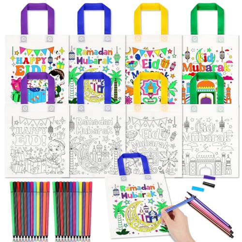 HOWAF 12pcs Eid Holiday Coloring Goodie Bags with Paint Pens for Kids, Eid Mubarak Coloring Candy Bags Ramadan Mubarak Coloring Gift Bags, Ramadan Kareem Reusable Canvas Bag Party Favors Coloring