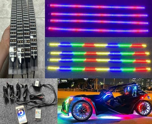 4PCS 5FT Quad Row Brightest LEDs Intensive Dream Color Chasing Flow Flash Breath Light Strips Bluetooth + Remote IP68 Waterproof for Car Truck Slingshot Wheel