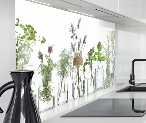 timalo Herd Spritzschutz Wand Spüle, Küche Küchenrückwand Glasoptik | Acryl Glas 2mm | Glasrückwand Acrylglas Küchenpaneele Rückwandschutz Platte | 60x40cm Kräuter Küchenkräuter in Gläsern; Gewürze