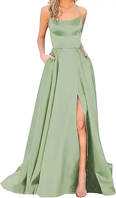 Women's Elegant Long Satin Ball Dress with Pockets - A-Line Backless Halter Neck Wedding Evening Dress