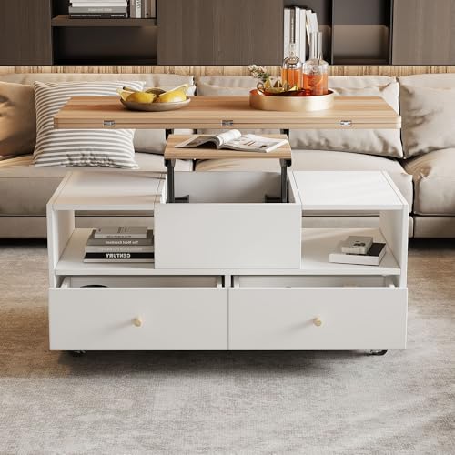 Mesa de centro ajustable con función plegable y 4 cajones, 100 x 50 x 47,5 cm, una mesa elevadora hidráulica grande y una pequeña, mesa de salón móvil con ruedas universales