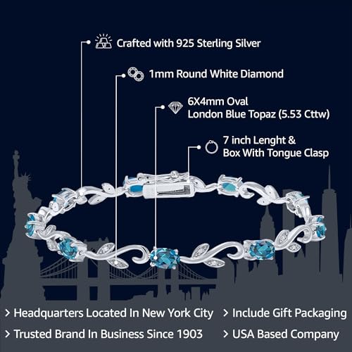 Gem Stone King 925 Sterling Silver London Blue Topaz and White Diamond Women Greek Vine Tennis Bracelet (5.53 Cttw, Oval 6X4MM, 7 Inch)2