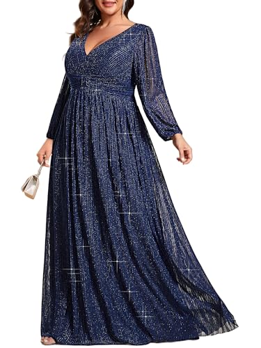 Robe de soirée formelle grande taille plissée longue col en V manches longues bleu marine 52