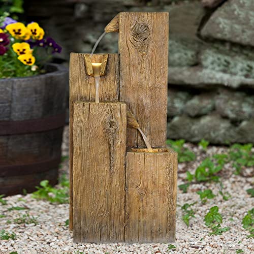 Wehmann Gartenbrunnen Rustikal Holzoptik Terrassenbrunnen mit Beleuchtung,...