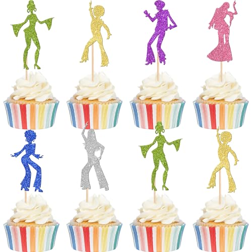 24 PCS 70's Disco Cupcake Toppers Glitter 70's Disco Dancing Cupcake Picks 70's Disco Cupcake Decoration for Disco Music Theme Birthday Party Cake Decorations Supplies Colorful