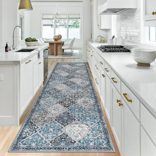 KILOCOCO 3x10 Runner Rug, Moroccan Super Soft Washable Hallway Entryway Rug, Accent Print Faux Wool Kitchen Runner Non-Slip Boho Carpet for Laundry Room Bedroom, Blue/Multi