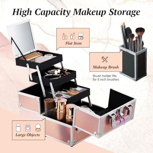 Image of MAYCREATE Portable Makeup Organizer Suitcase Aluminum Alloy Travel Suitcase Multi Compartment Stackable Drawers Design Make-up Artist Train Case with Makeup Mirror & Makeup Brush Holder