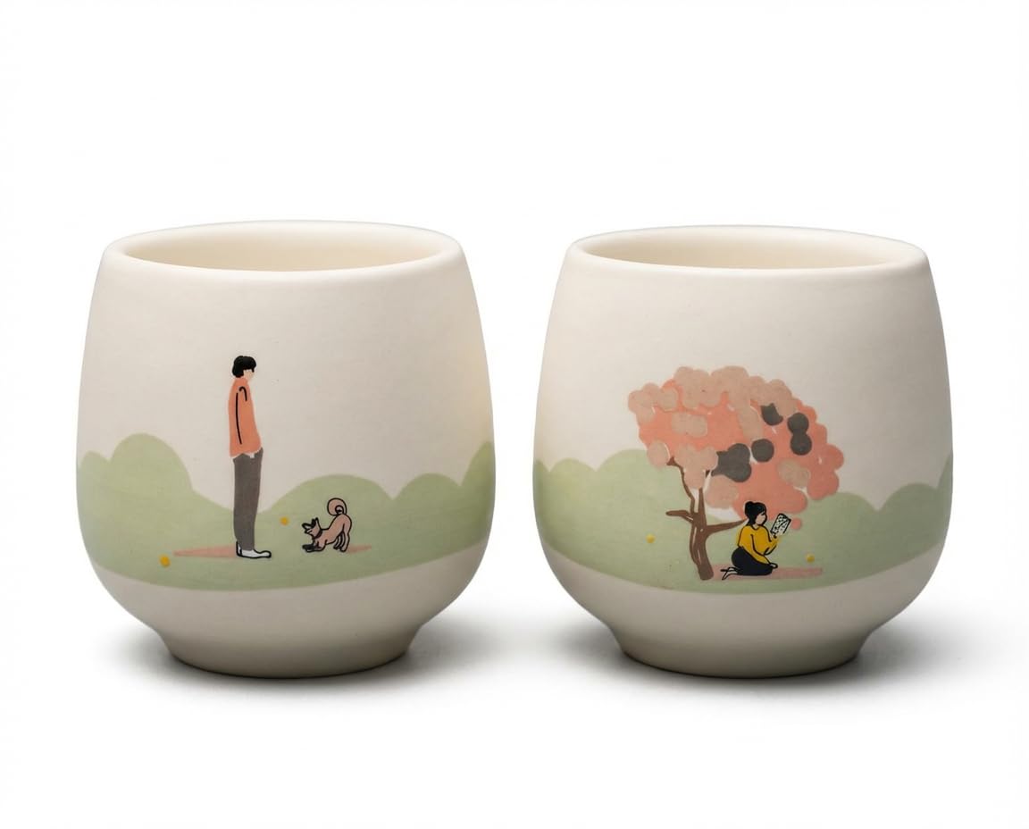 Sommer Set! - Keramik Trinkbecher, 110ml, 2-er Keramik set, Elfenbeinweiß, Japanische Teetasse, Kaffee, Nachtisch, Snacks