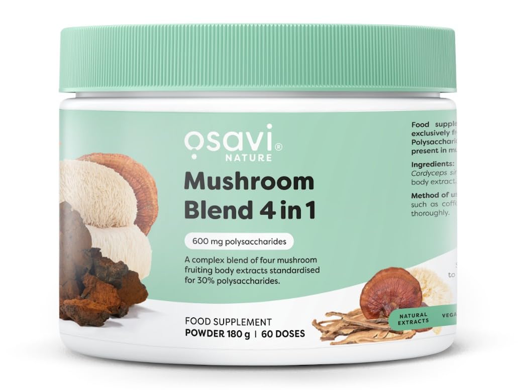 Osavi Mushroom Blend 4 in 1 – 180 g Powder | Extracts from Lion’s Mane, Cordyceps, Reishi & Chaga | Standardised for 30% polysaccharides | from Mushroom Fruiting Bodies | Easy to Mix